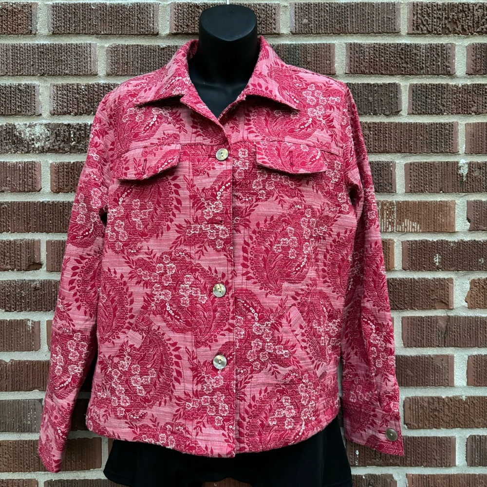 Rebecca Malone Red Jacket Women Medium Casual Floral Classic Workwear Pockets